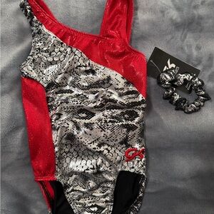 NEW GK Elite Red Silver Black Leotard w/ Scrunchie gymnastics dance Child Medium